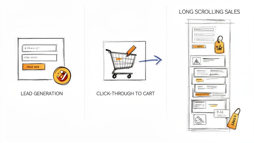 Visualisatie van een verkooptrechter: leadgeneratie via een formulier, doorklikken naar winkelwagen en een lange scrollende verkooppagina.