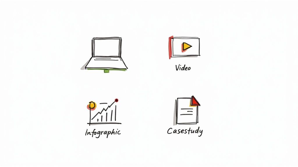 Vier handgetekende pictogrammen die verschillende soorten content voorstellen: laptop, video, infographic en casestudy.