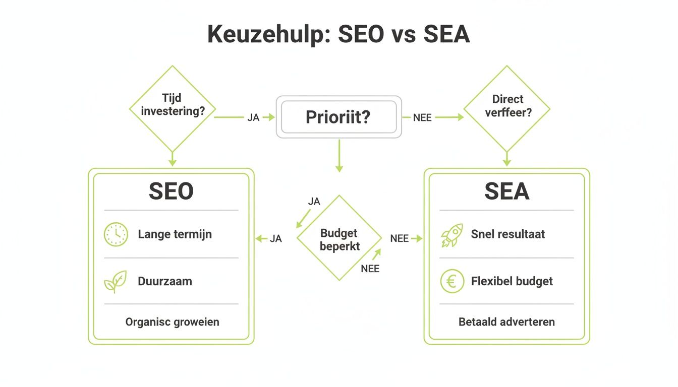 Keuzehulp flowchart voor SEO versus SEA, met afwegingen over tijd, budget en resultaat.