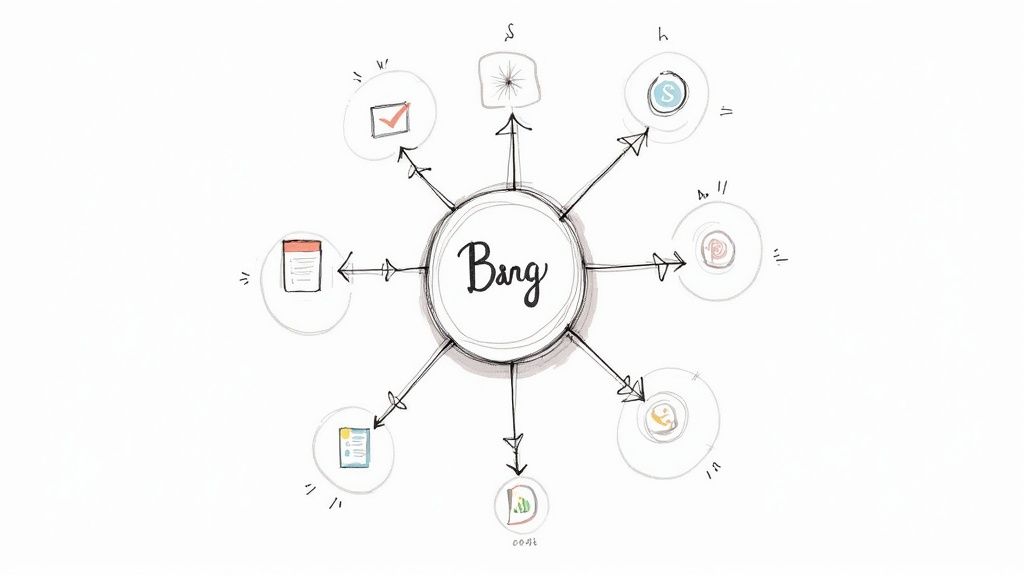 Een handgetekende mindmap met het woord 'Bang' in het midden, omringd door acht diverse pictogrammen verbonden met pijlen.