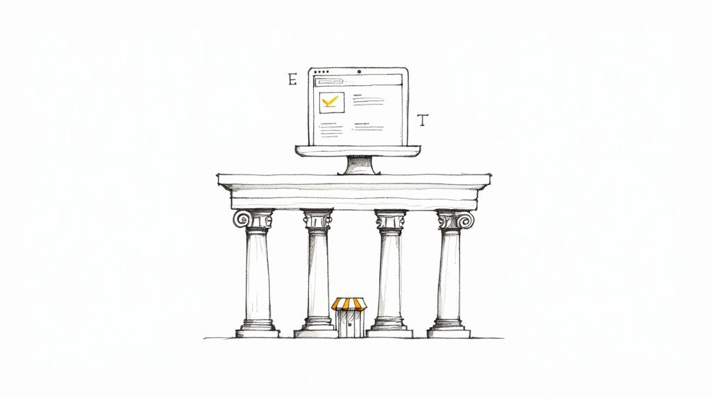 Een monitor met een vinkje op een klassieke tafel met vier zuilen, met een klein winkeltje eronder. Symboliseert online autoriteit.