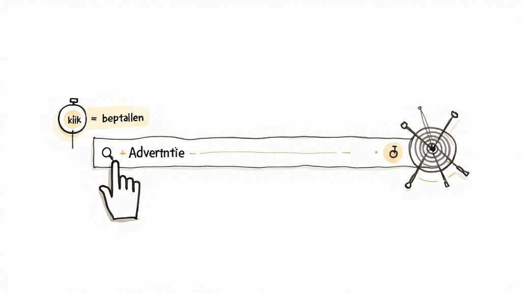 Schematische weergave van SEA: een hand klikt op een advertentie, wat 'betalen' betekent.
