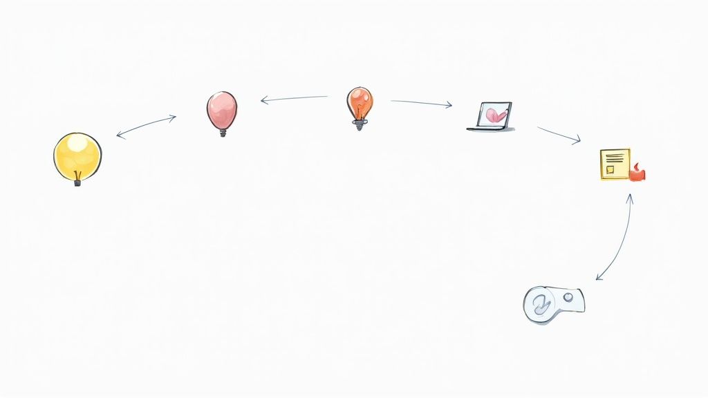 Illustratie van een creatief proces met gloeilampen, laptop en feedback.