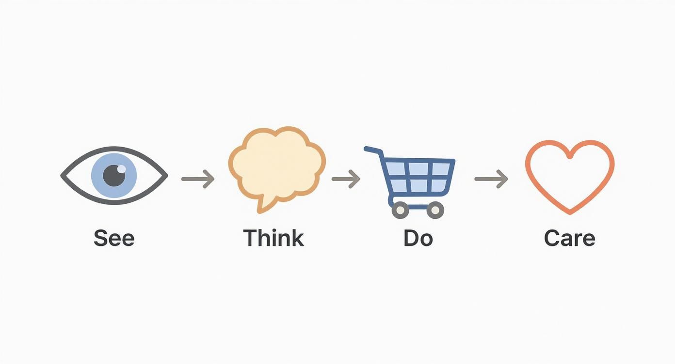 Een diagram met een oog, denkbel, winkelwagentje en hart, die het See, Think, Do, Care model voorstellen.