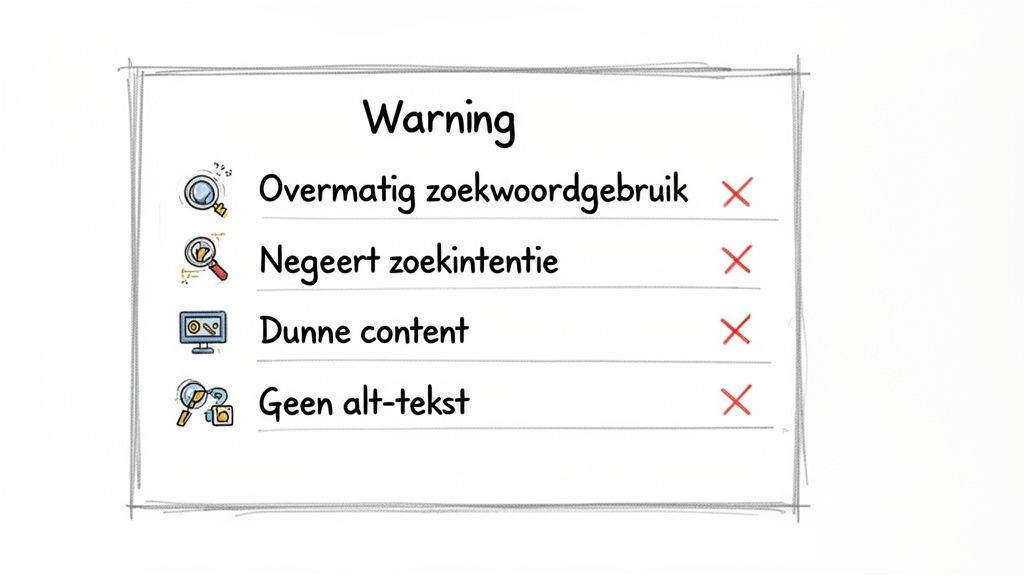 Afbeelding toont vier belangrijke SEO-waarschuwingen: overmatig zoekwoordgebruik, genegeerde zoekintentie, dunne content en het ontbreken van alt-tekst.