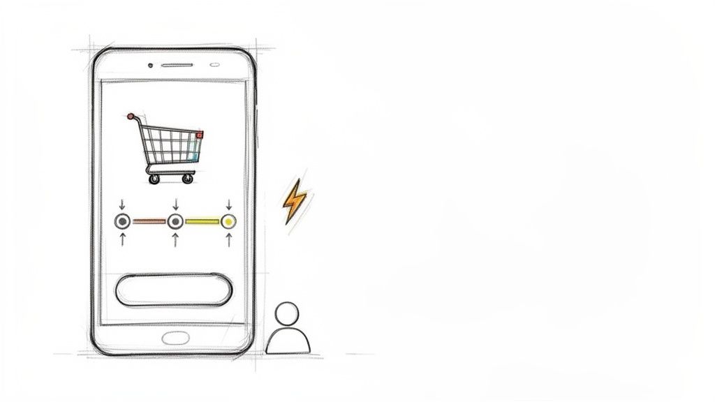 Een schets van een smartphone met een winkelwagentje, voortgangsbalk en een persoonspictogram, voor online winkelen.