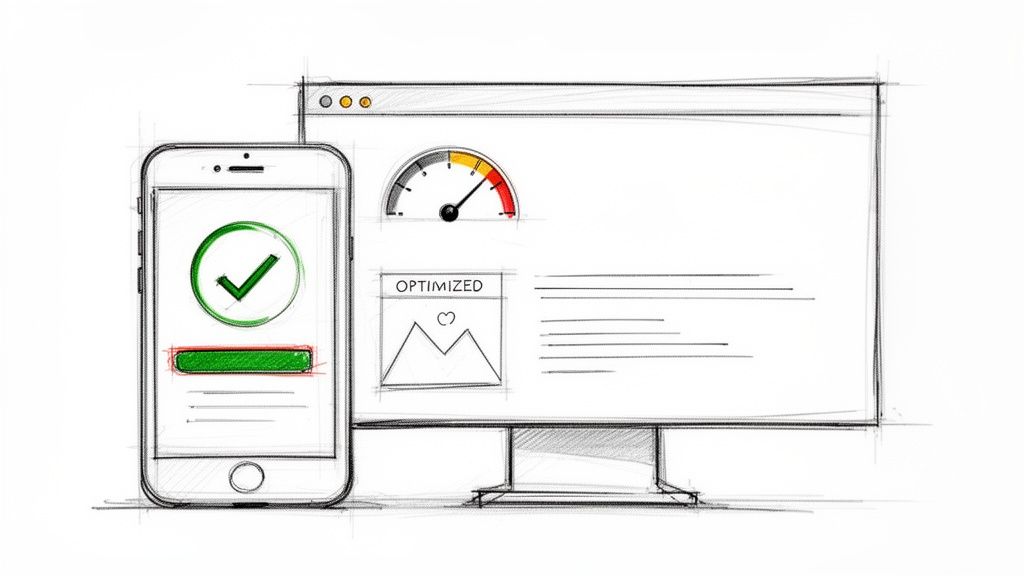 Schets van een smartphone met een groen vinkje en voortgangsbalk, naast een desktopmonitor die 'OPTIMIZED' toont met een snelheidsmeter.