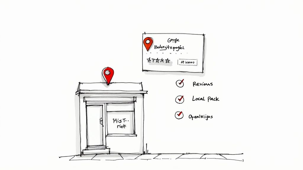 Illustratie van een gebouw met Google Maps pin en een Google Bedrijfsprofiel kaart met reviews en lokale SEO elementen.