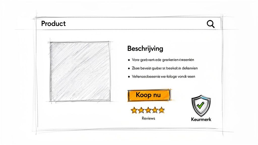 Schets van een webshopproductpagina met productafbeelding, beschrijving, koopknop, reviews en keurmerk.