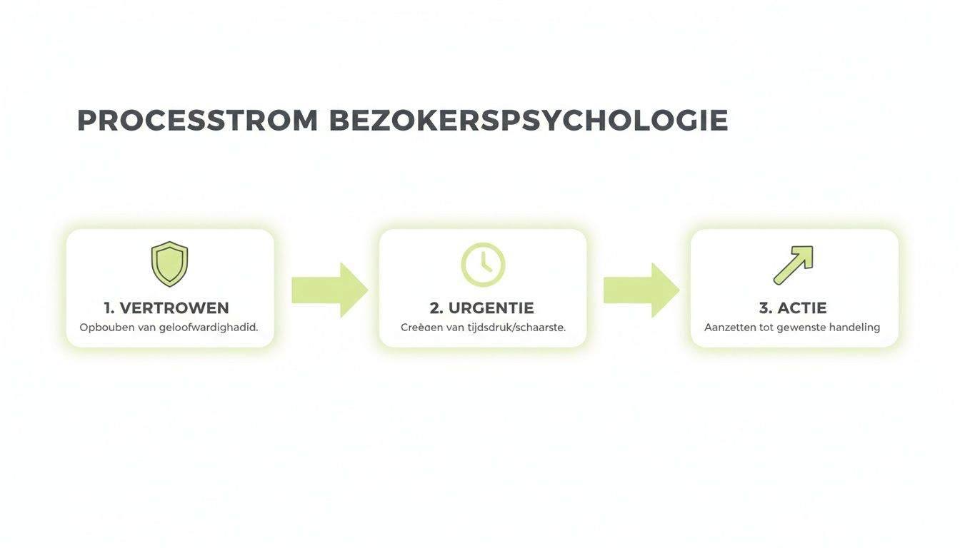 Diagram over bezoekerspsychologie met stappen vertrouwen, urgentie en actie om conversie te stimuleren.