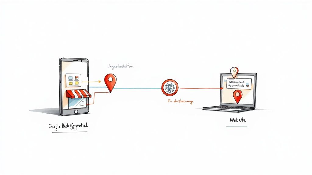 Illustratie van een mobiele telefoon (Google Bedrijfsprofiel) verbonden met een laptop (Website) voor aanbiedingen en bezorgdiensten.