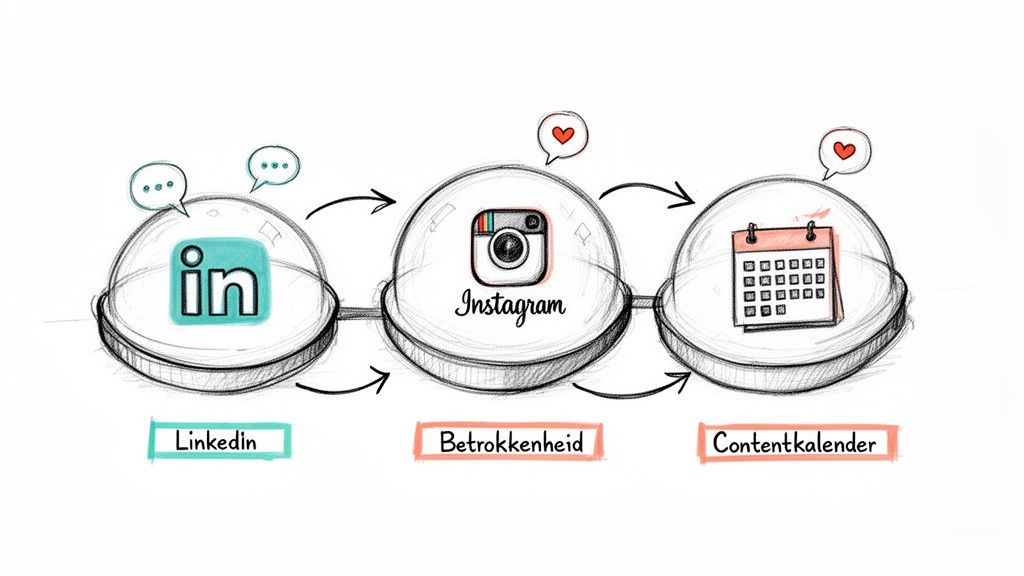 Een diagram toont een online marketingstrategie met LinkedIn, Instagram voor betrokkenheid, en een contentkalender.