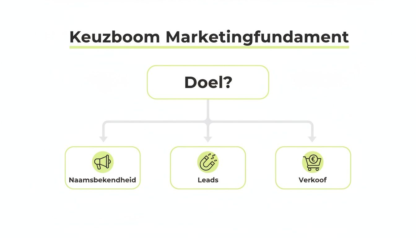 Een beslisboom genaamd 'Keuzeboom Marketingfundament' toont drie mogelijke marketingdoelen: naamsbekendheid, leads en verkoop.