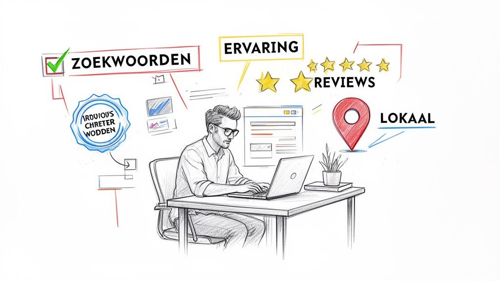 Man werkt aan laptop, omringd door SEO-concepten zoals zoekwoorden, ervaring, reviews en lokale SEO.