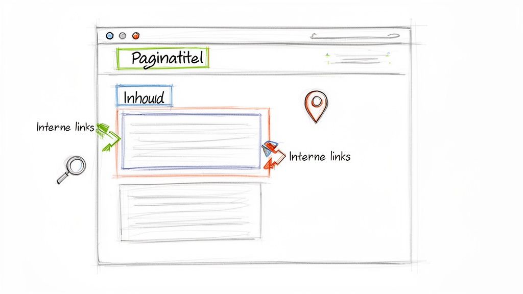 Schets van een webpagina met paginatitel, inhoud, en pijlen die interne links aanduiden.