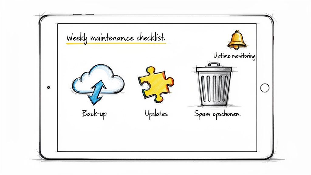 Een tablet toont een wekelijkse onderhoudschecklist voor WordPress-websites, inclusief back-up, updates, spam opschonen en uptime monitoring.