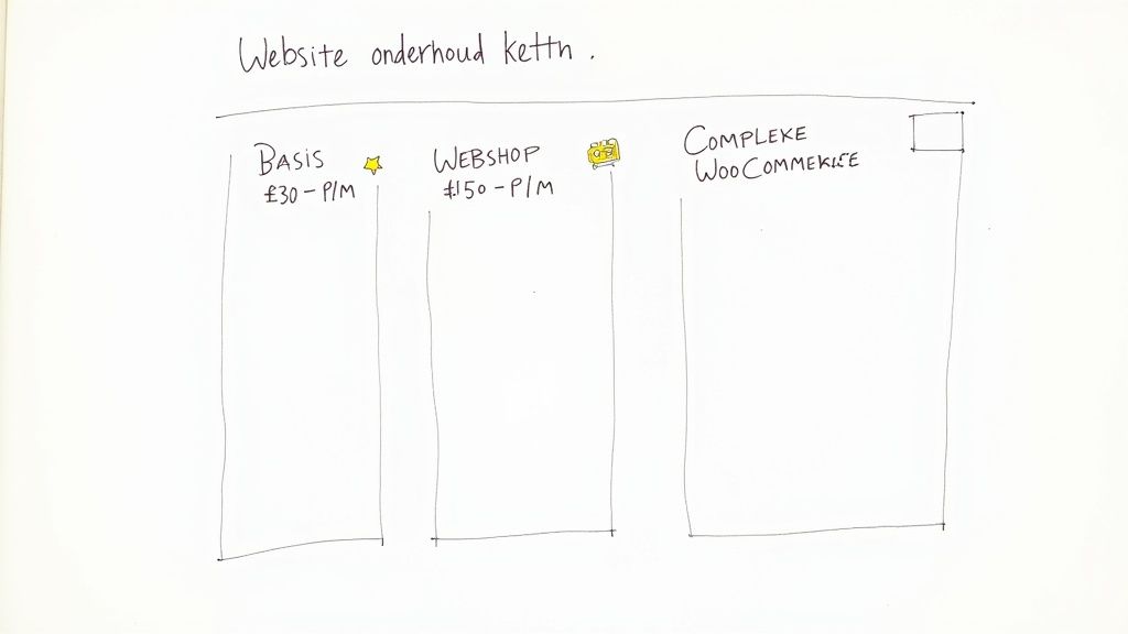 Handgeschreven diagram toont website onderhoudsdiensten: Basis (£30/maand), Webshop (£150/maand) en Complexe WooCommerce.