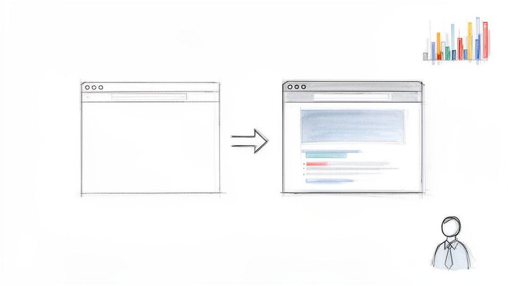 Visualisatie van een lege browser die verandert in een gevulde pagina met content en data, naast een grafiek en gebruiker.