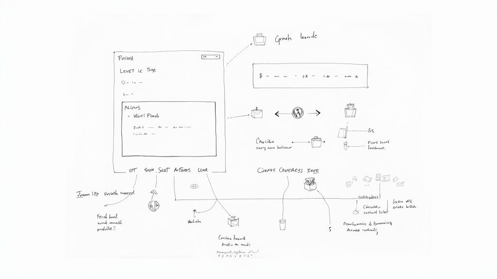 Handgetekende schets van een gebruikersinterface en systeemcomponenten, met pijlen die interacties tonen.
