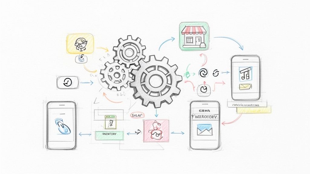 Overzicht van e-commerce integratie met mobiele apps, inventaris, CRM en procesautomatisering via tandwielen.