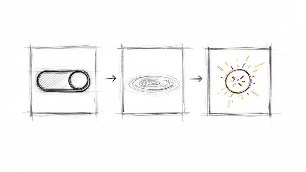 Een schets van een schakelaar die transformeert via een draaikolk naar een heldere, kleurrijke explosie van ideeën.