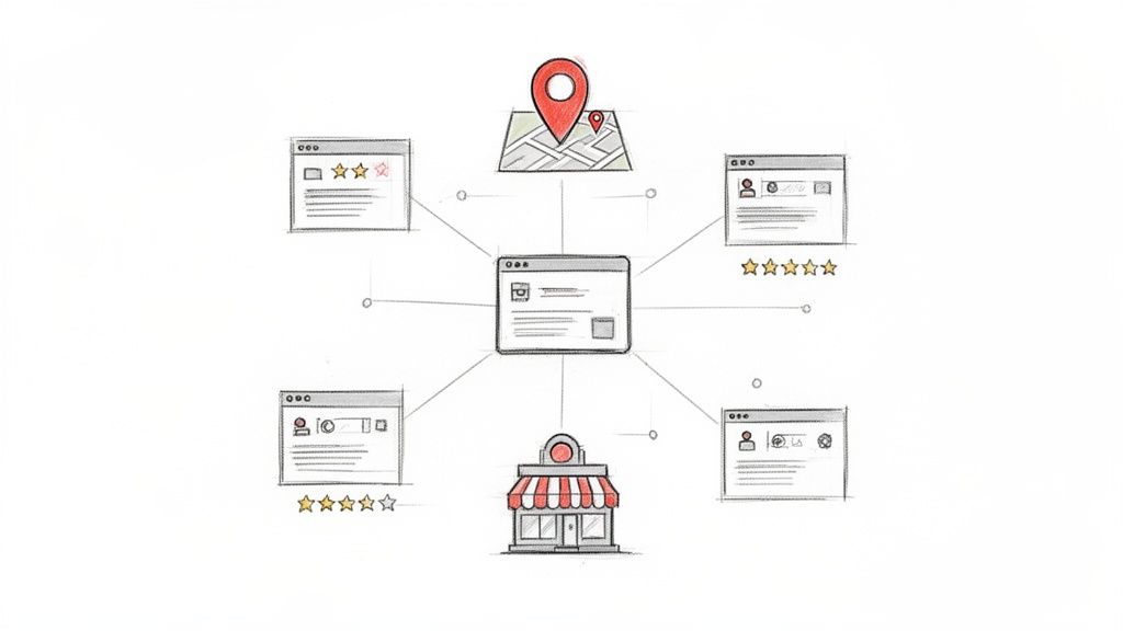 Diagram van een website die verbonden is met een fysieke winkel, een kaart en diverse online reviewpagina's met sterren.