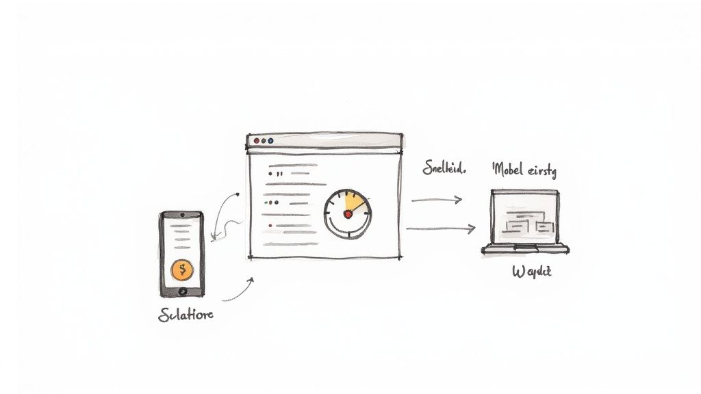 Diagram toont smartphone, browser met snelheidsmeter, en laptop met pijlen die 'snelheid' en 'mobiel eerst' aangeven.