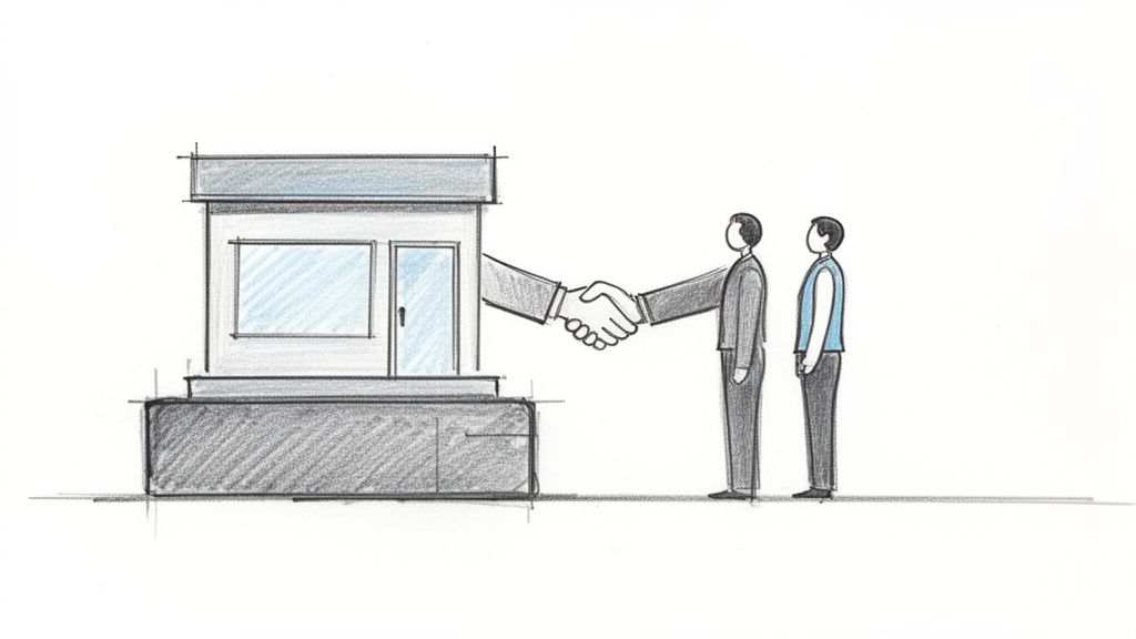 Een gebouw schudt de hand met een persoon, naast wie een tweede persoon staat. Symboliseert zakelijke overeenkomst of samenwerking.