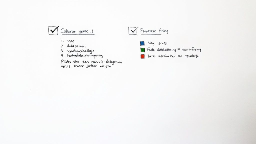 Een API koppeling laten maken voor je MKB bij de Websitebouwers Handgeschreven notities op een wit bord, met twee checklists over 'Coluren game' en 'Porocase firing', inclusief gekleurde markeringen.