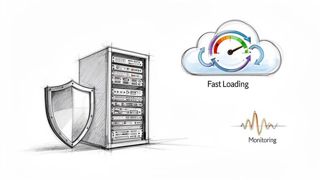 Illustratie van serverhosting met beveiliging, snelle laadtijden in de cloud en monitoring.