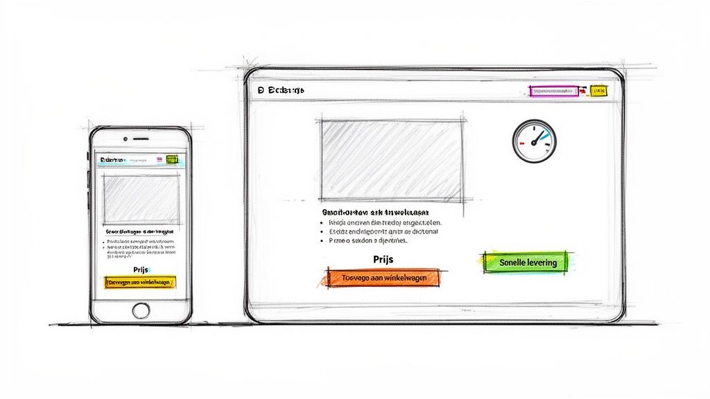 Gedetailleerde schets van een webshoppagina op zowel een mobiele telefoon als een tablet.