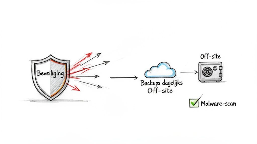 Een illustratie van beveiliging met een schild, rode en zwarte pijlen, dagelijkse off-site backups in de cloud en een kluis met malware-scan.