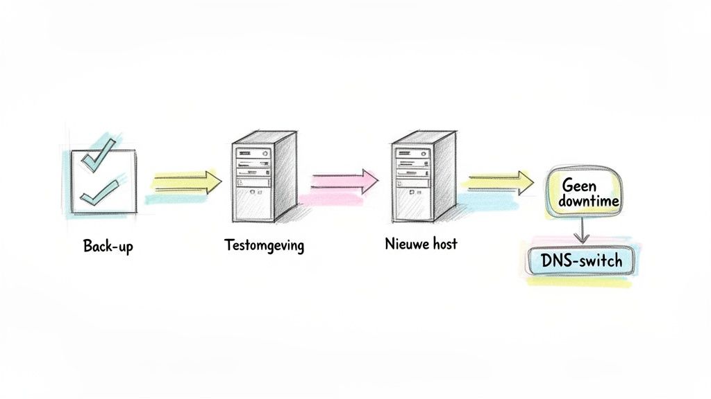 Stroomdiagram dat het migratieproces van een website toont, inclusief back-up, testomgeving en een DNS-switch voor geen downtime.
