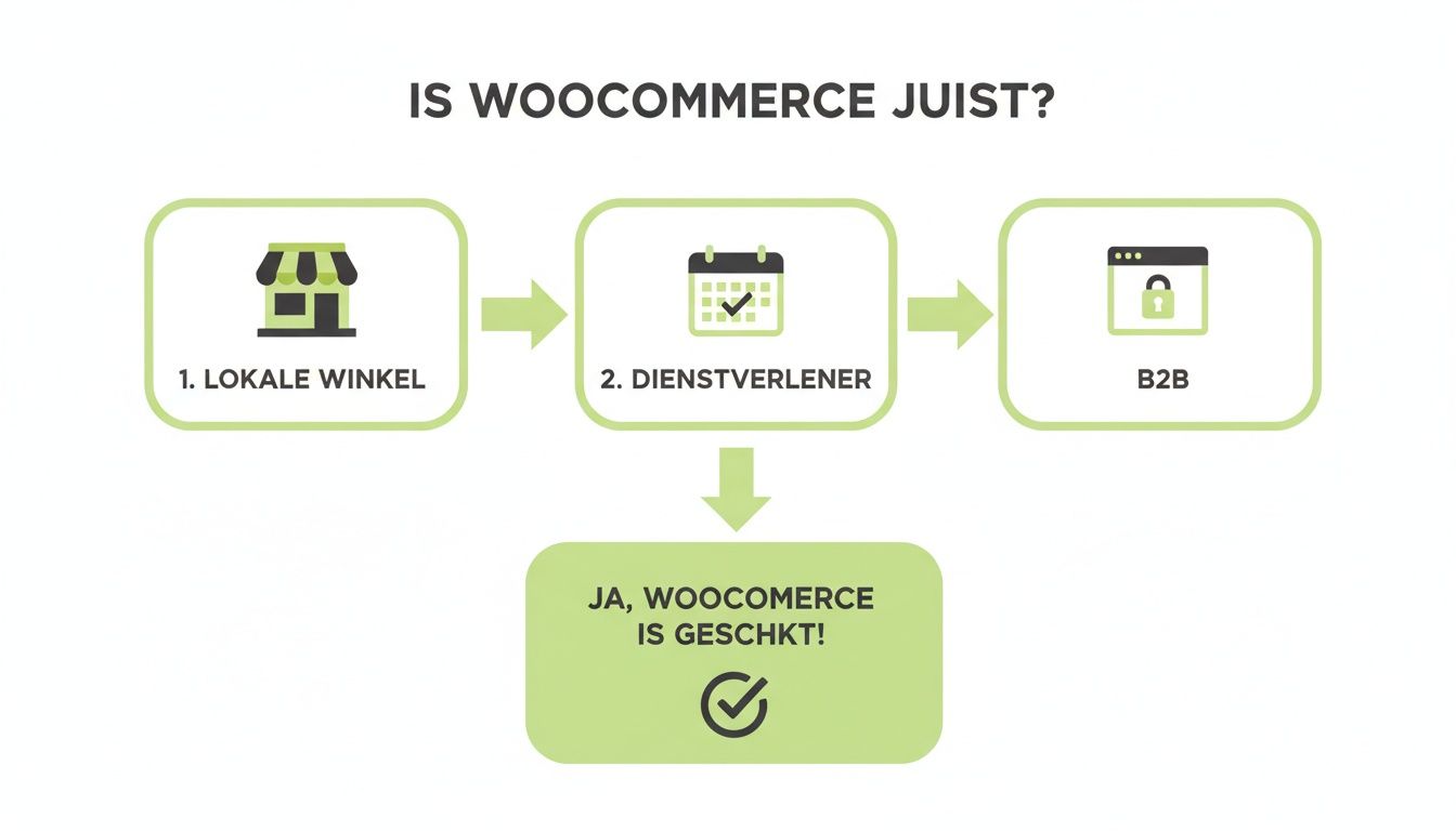 Flowchart toont wanneer WooCommerce geschikt is voor lokale winkels, dienstverleners en B2B-bedrijven.