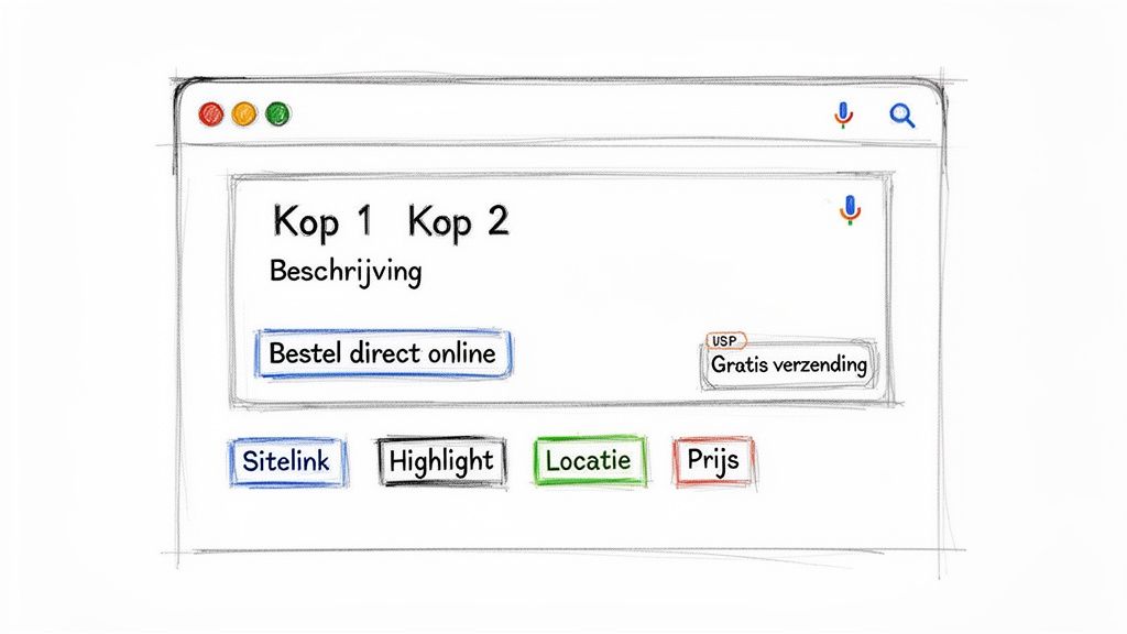 Schematische weergave van een Google Ads advertentie met kopteksten, beschrijving, call-to-action en extensies.