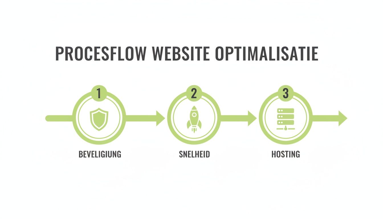 Een visuele weergave van de procesflow voor website optimalisatie, met stappen voor beveiliging, snelheid en hosting.