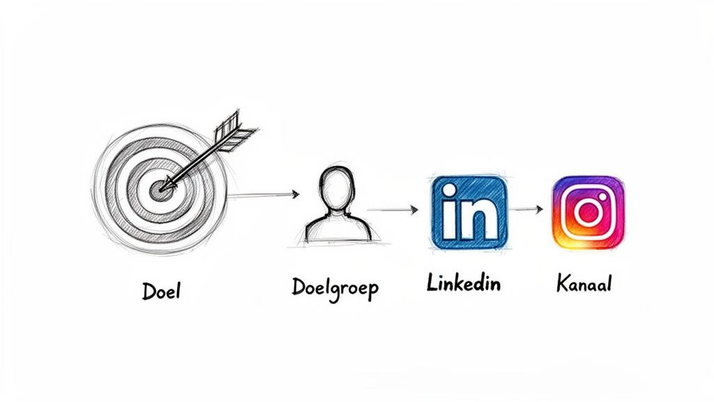 Een stroomdiagram dat de link toont tussen doel, doelgroep, LinkedIn en Instagram als kanaal.