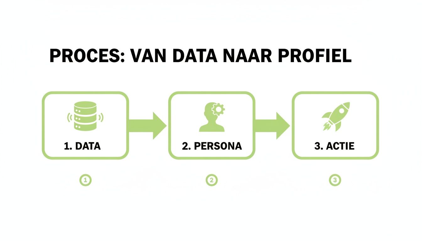 Visualisatie van het proces van data naar profiel, inclusief dataverzameling, persona-creatie en actie.