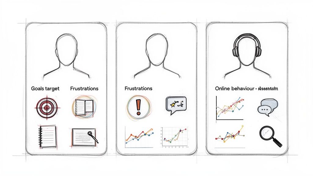 Drie schetsen tonen persona's met hun doelen, frustraties en online gedrag voor het in kaart brengen van klantreizen.