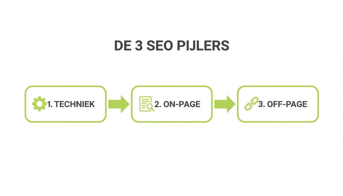 Visuele weergave van de 3 SEO pijlers: Techniek (met tandwielicoon), On-page (met document- en vergrootglasicoon) en Off-page (met linkicoon), met pijlen die de opeenvolging aangeven.
