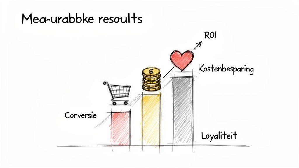 Een illustratie van meetbare marketingresultaten: conversie, kostenbesparing en loyaliteit die leiden tot ROI.