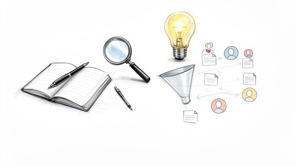 Een schets van een notitieboek, vergrootglas, gloeilamp, trechter en datastroom symbolen op witte achtergrond.