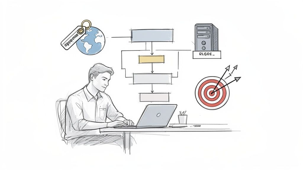 Een man werkt aan een laptop, omringd door een workflowdiagram, een wereldbol, een server en een doelschijf.