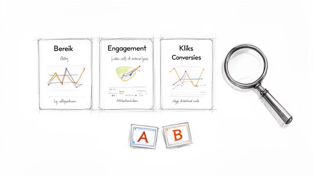 Schets van drie kaarten met statistieken (bereik, engagement, conversies), een vergrootglas en A/B-testblokken.