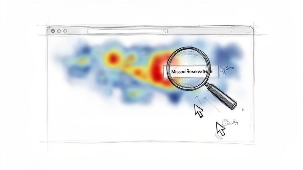 Schets van een browser met een heatmap, een zoekbalk en een vergrootglas over 'Missed Reservation', voor websiteanalyse.