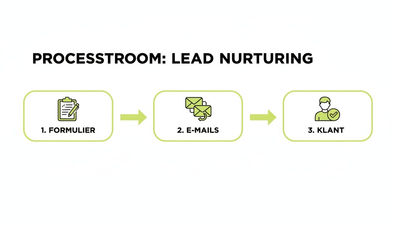 Een processtroomdiagram voor lead nurturing met de stappen: formulier, e-mails en klant.
