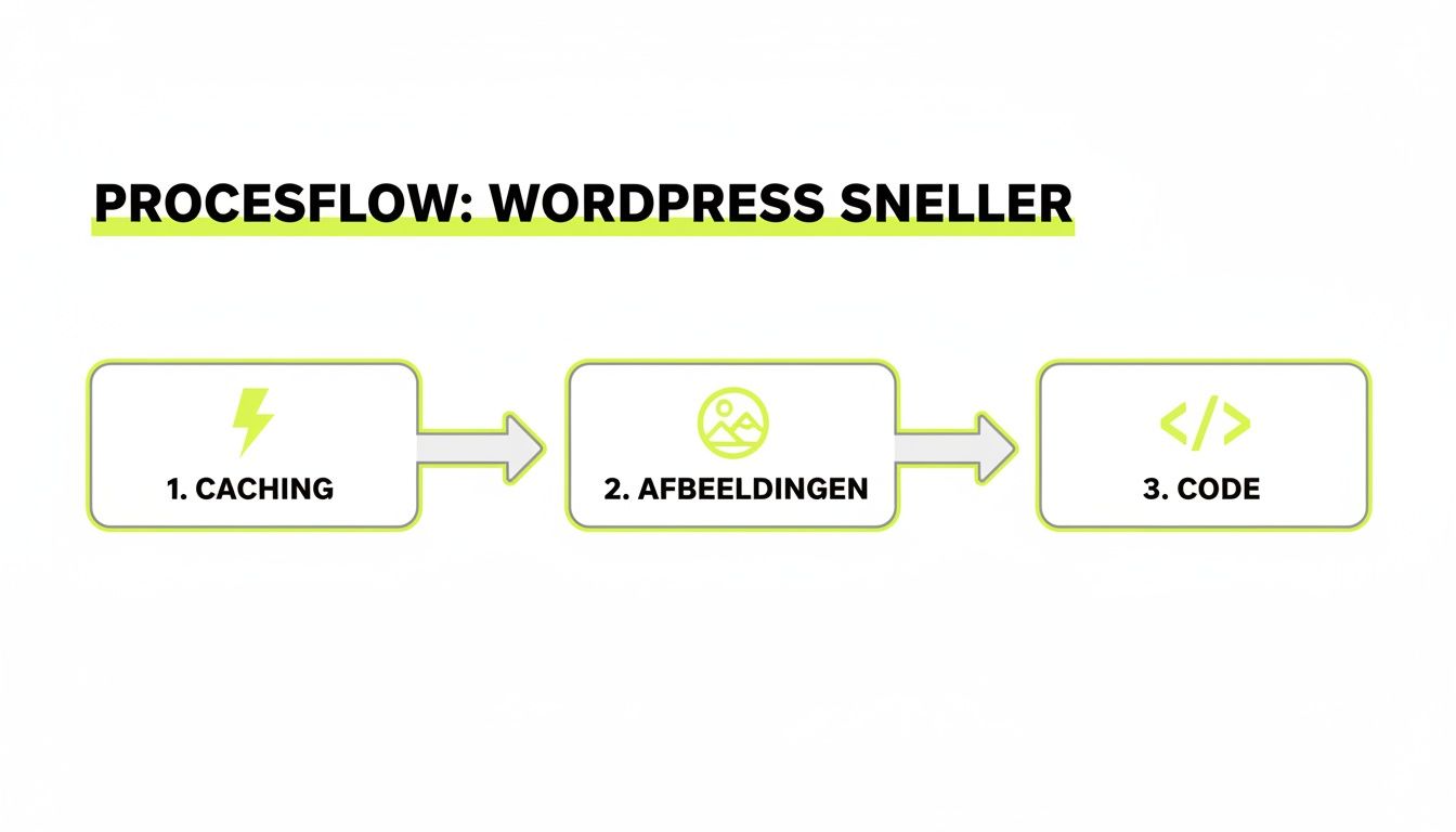 Een infographic procesflow die de stappen toont om WordPress sneller te maken: caching, afbeeldingen en code.