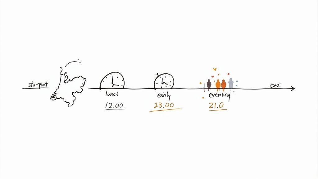 Een handgetekende tijdlijn met de kaart van Nederland, klokken voor lunch en middag, en mensen in de avond.