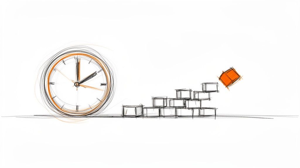 Schets van een klok naast een reeks stijgende blokken, met een oranje blok dat eraf valt.