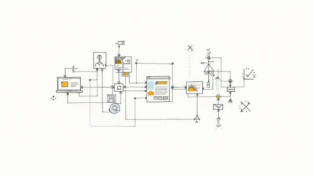 Gedetailleerd handgetekend diagram dat een complex digitaal proces of workflow illustreert met diverse iconen.
